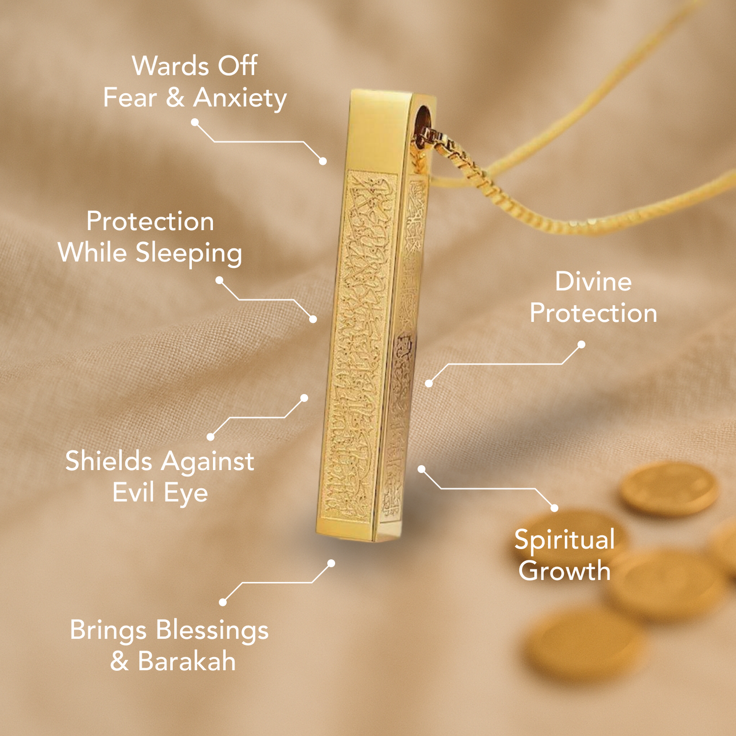 Ayatul Kursi Islamic 3D Column Bar Necklace Gold Plated
