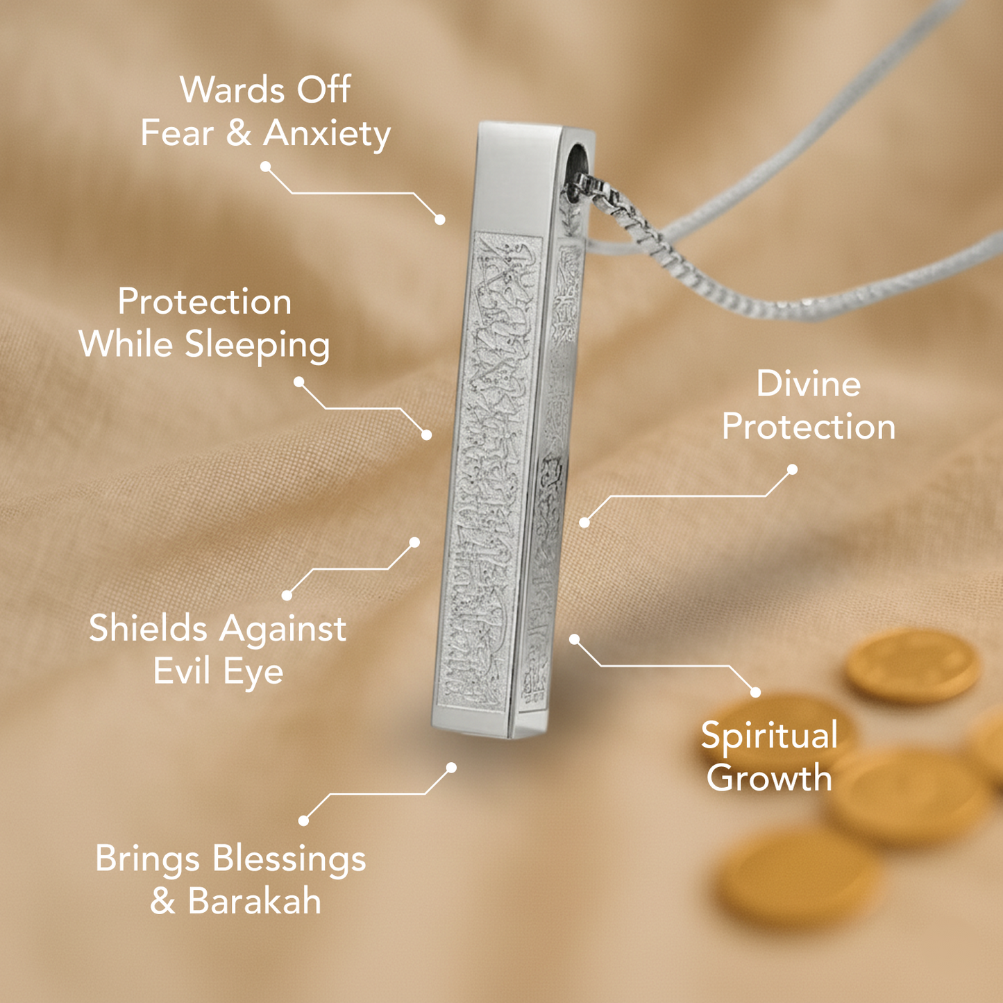 Ayatul Kursi Islamic 3D Column Bar Necklace Silver Plated